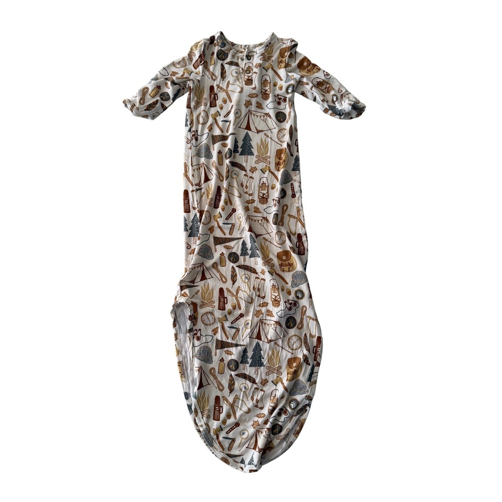 Mebie Baby Camping Print Bamboo Knotted Gown 0-3M Woodland Nature Gown Sleeper